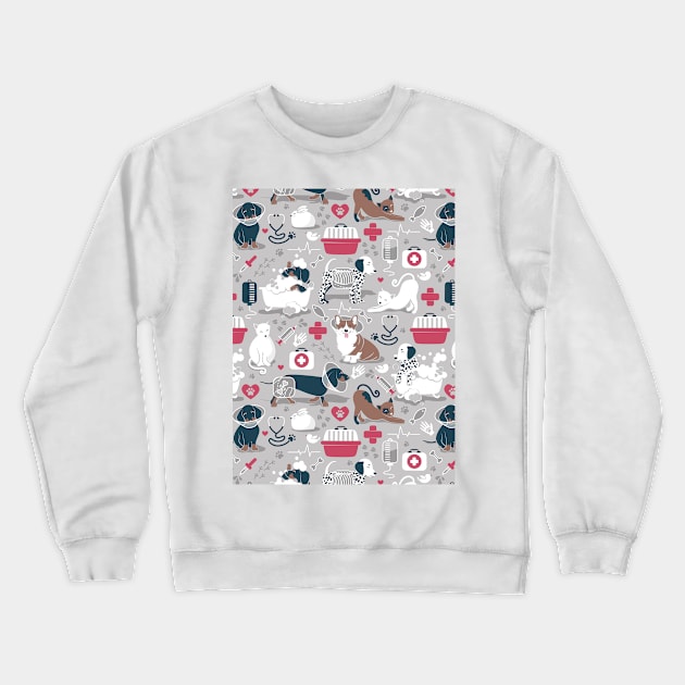 Veterinary medicine, happy and healthy friends // pattern // grey background red details navy blue white and brown cats dogs and other animals Crewneck Sweatshirt by SelmaCardoso